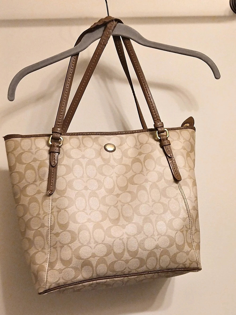 Coach Peyton Signature Zip Top Tote in Beige & Brown With Callouts.